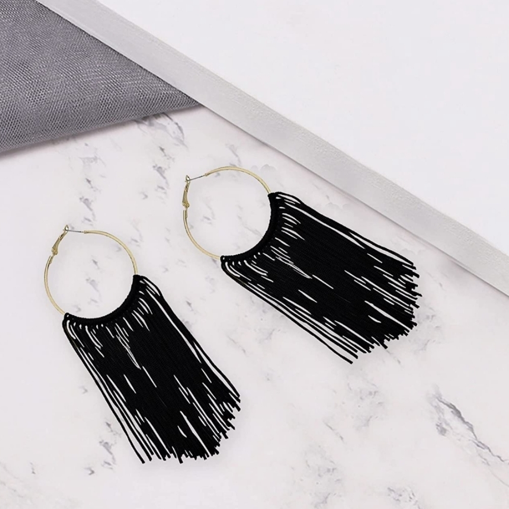 Black Fringe Boho Tassel Hoops - Gold Statement Earrings - Picture 3 of 3